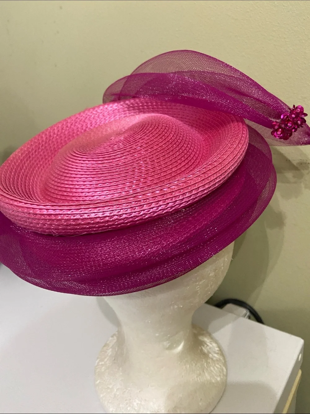 Raspberry Sequin Leaf Fascinator Hat